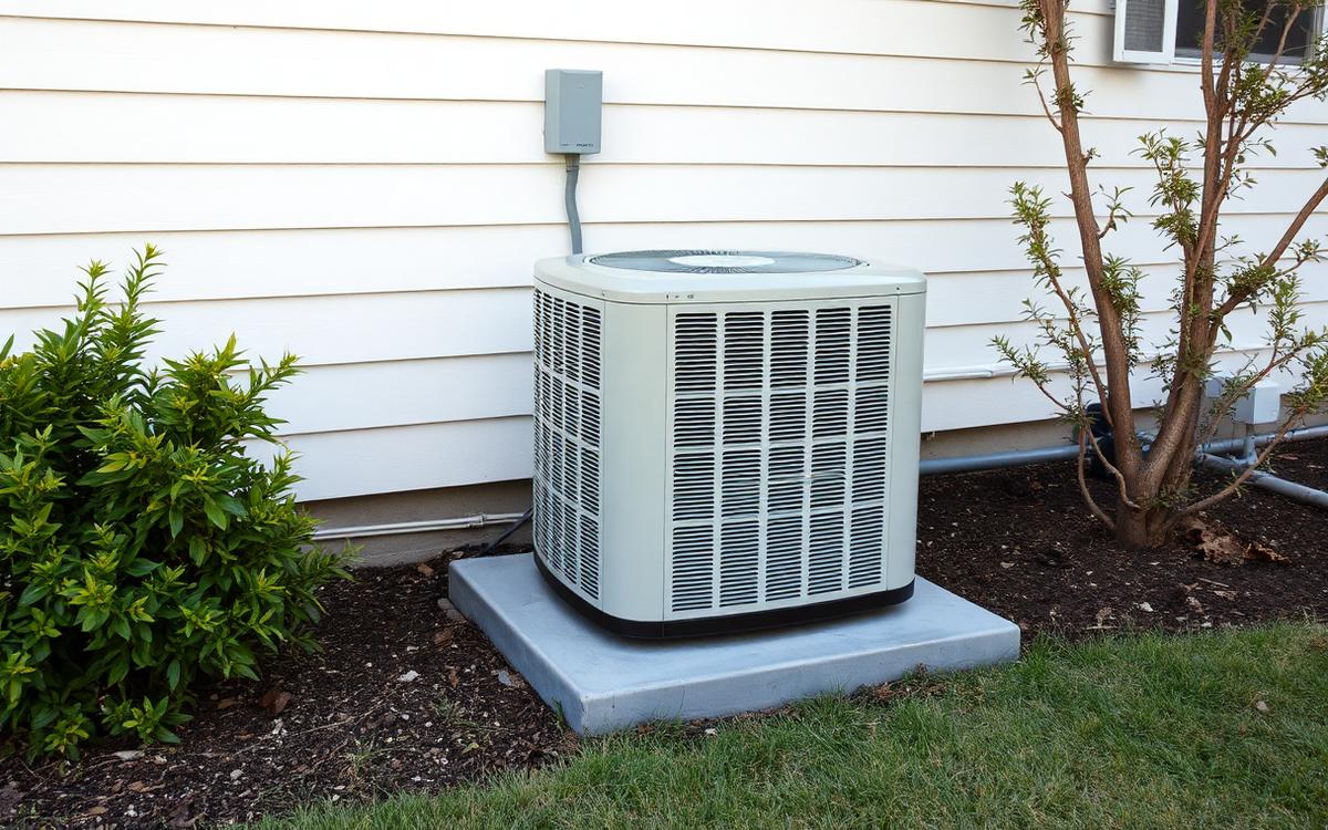 Outdoor air conditioner condenser installed beside a residential home.
