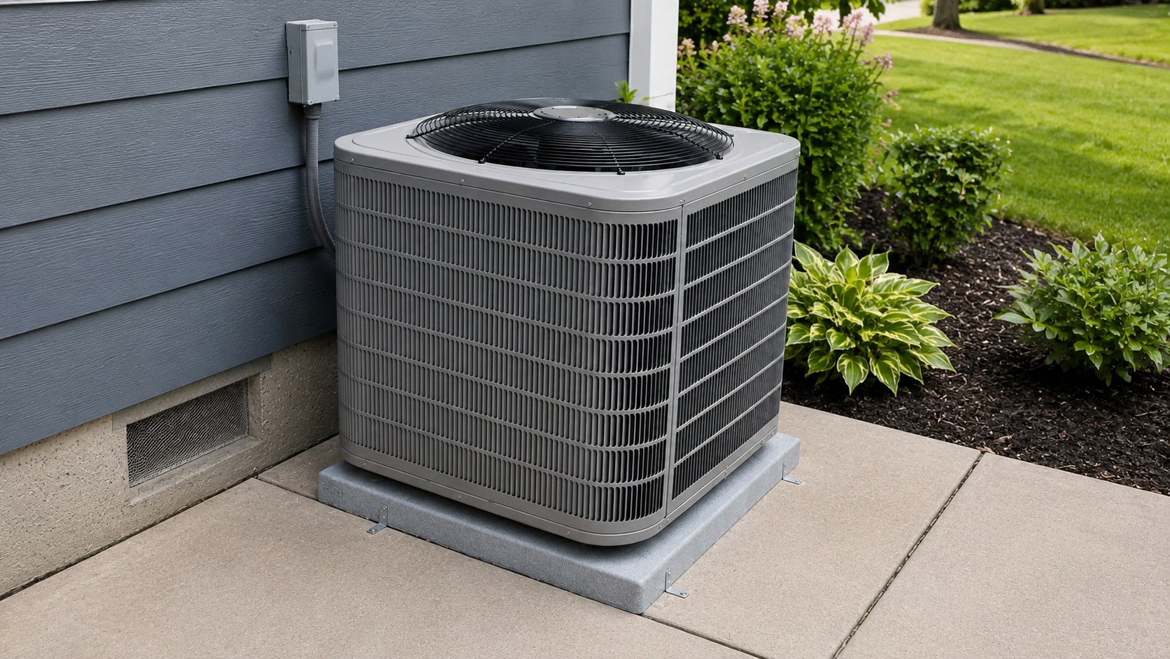 Outdoor air conditioner condenser installed beside a residential home.