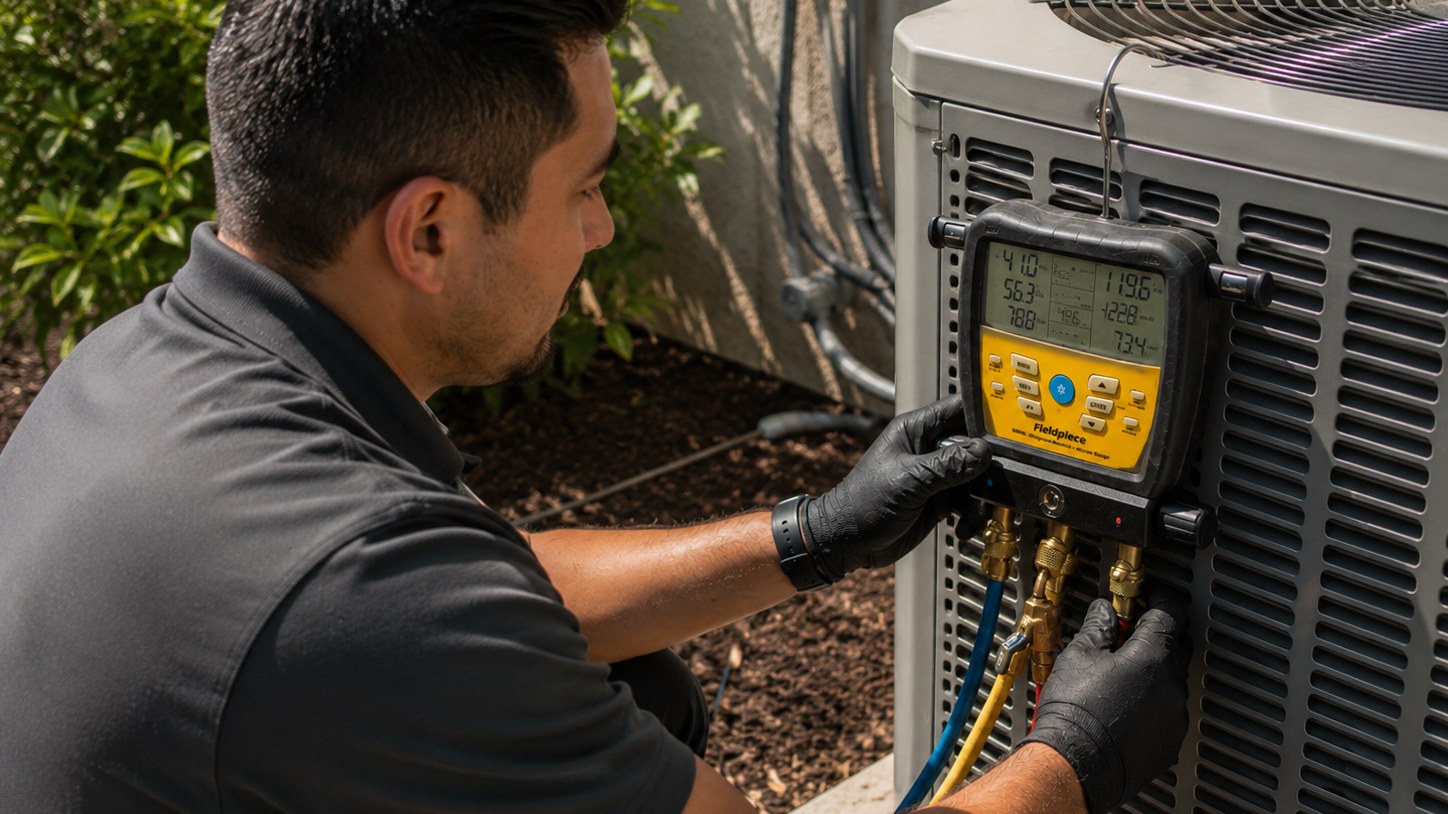 HVAC technician checking refrigerant system readings at an outdoor air conditioner.