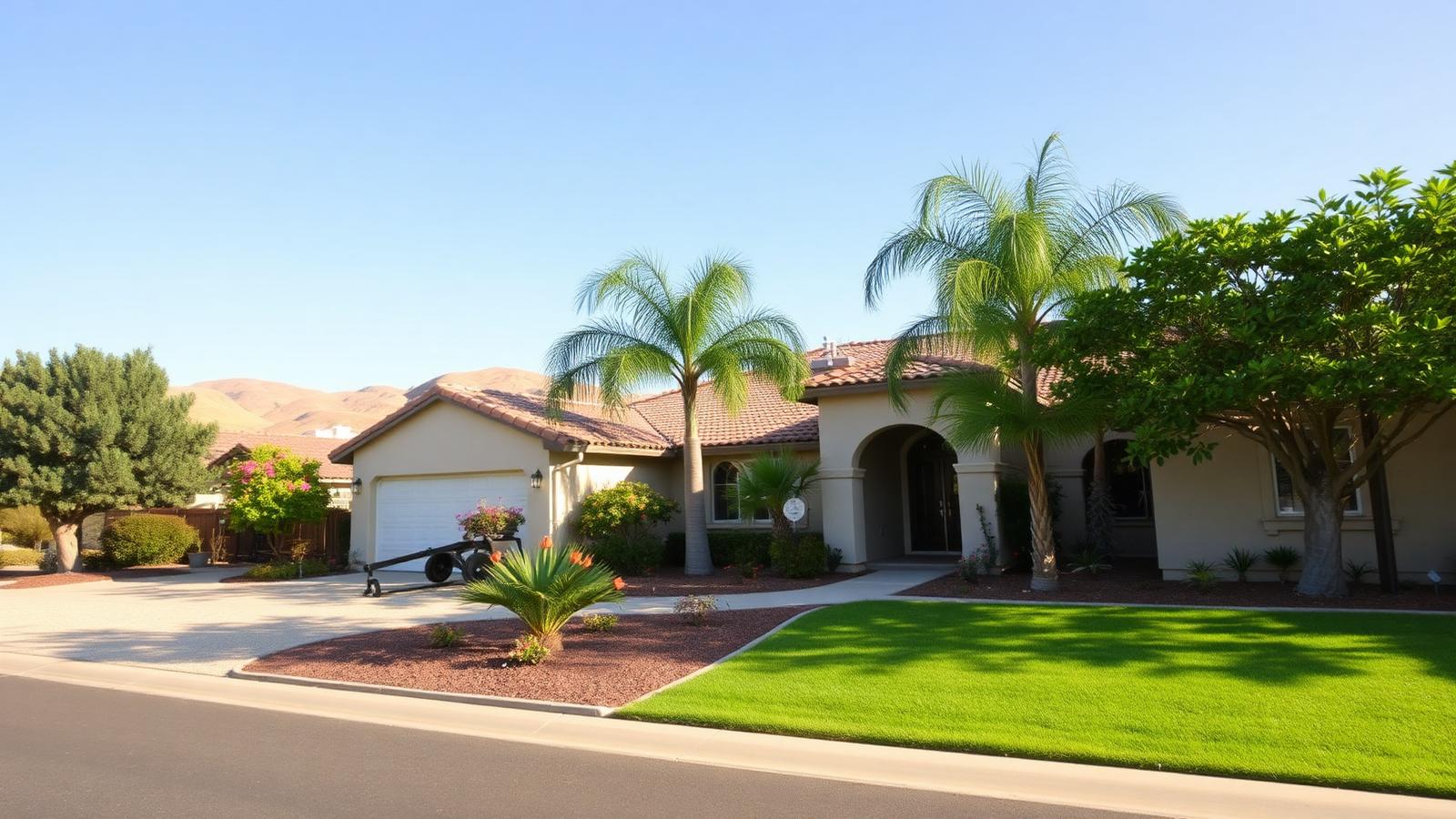 Morgan Hill home with shade trees and summer landscaping