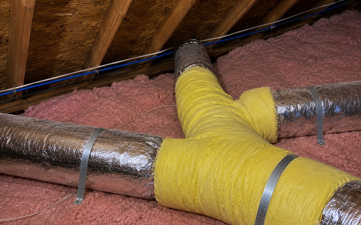 Yellow-insulated flexible duct branch connecting to foil-faced trunk ducts above attic insulation