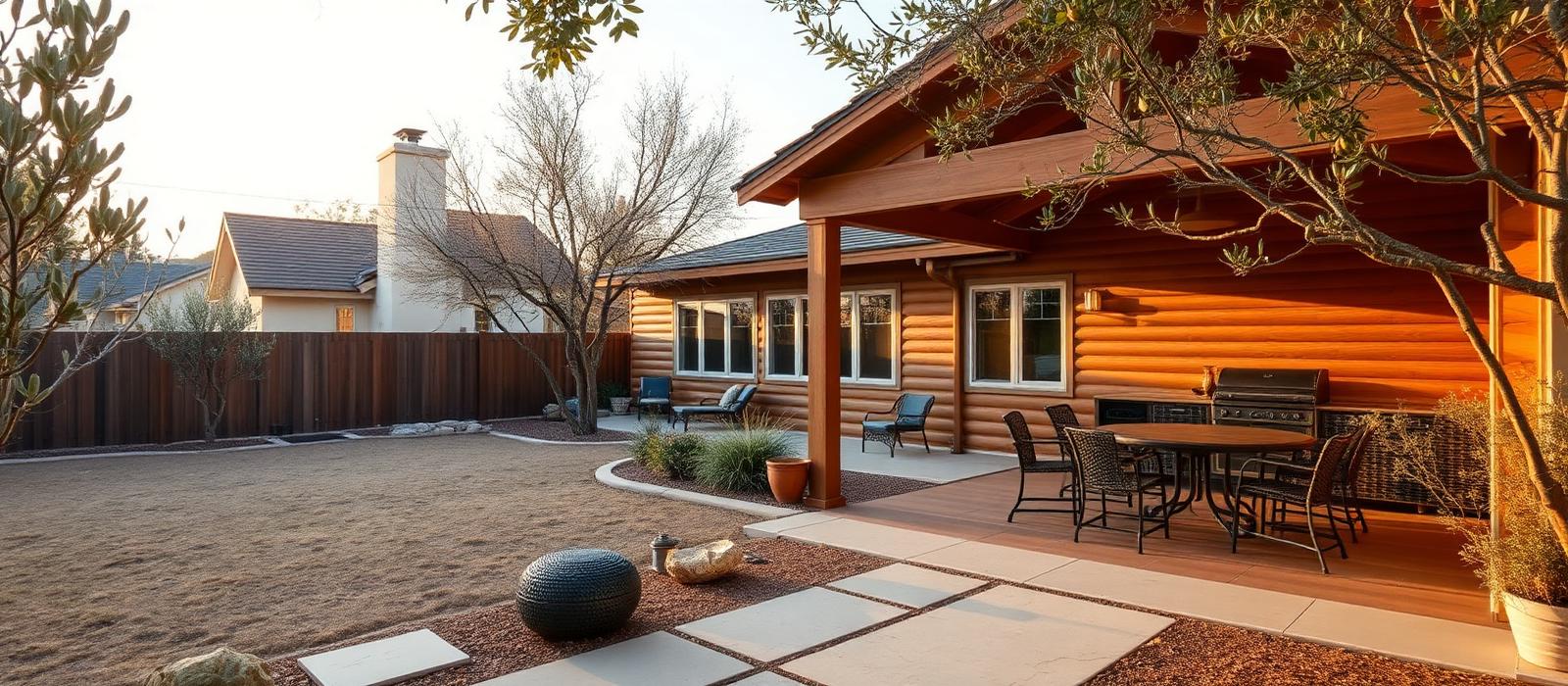 Backyard patio of a California home in warm evening light