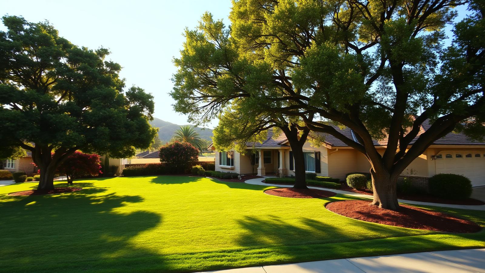 Single-story home shaded by mature trees across a wide green lawn on a sunny afternoon