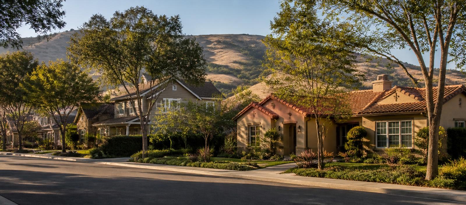 Varied homes with tile and shingle roofs shaded by mature trees along a Morgan Hill street below the foothills