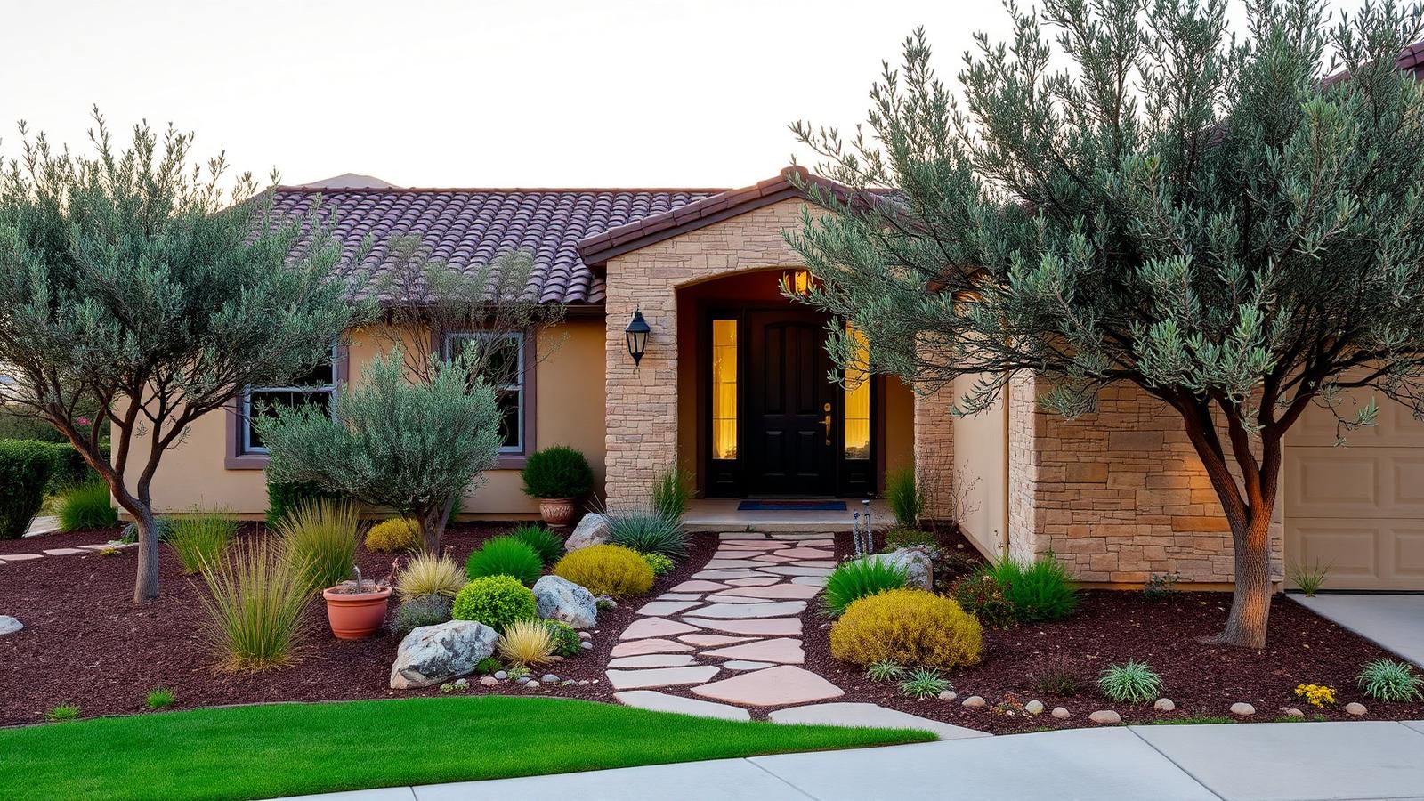 Front entry and garden of a Morgan Hill home in warm evening light