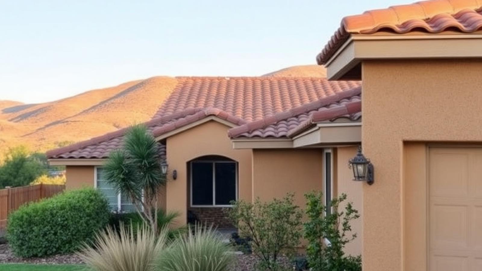 Tile roofline of a Morgan Hill home with foothills in the background