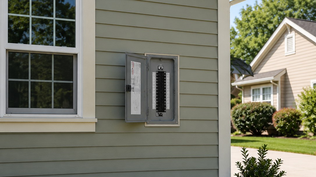 Exterior residential electrical service panel with its cover open, mounted on a home's side wall