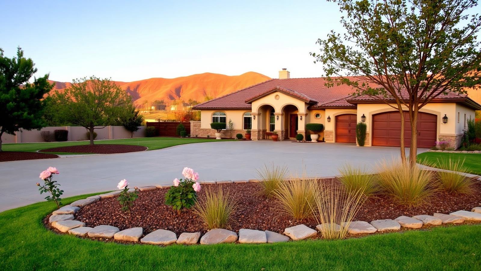 Morgan Hill home with a landscaped front yard and golden hills at sunset