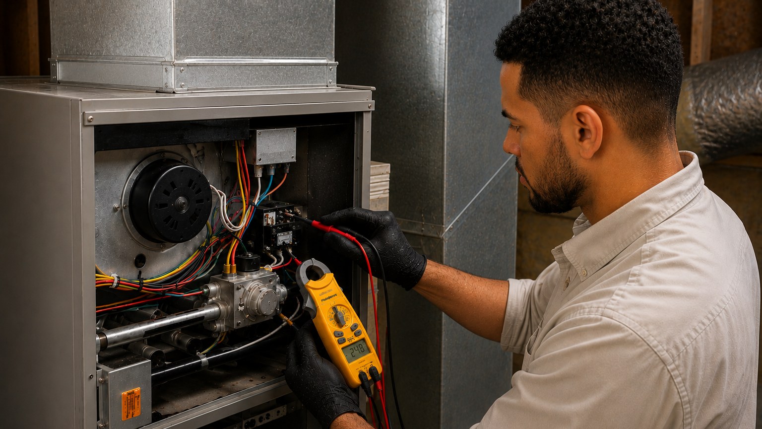 HVAC technician diagnosing an open residential furnace with a digital meter.