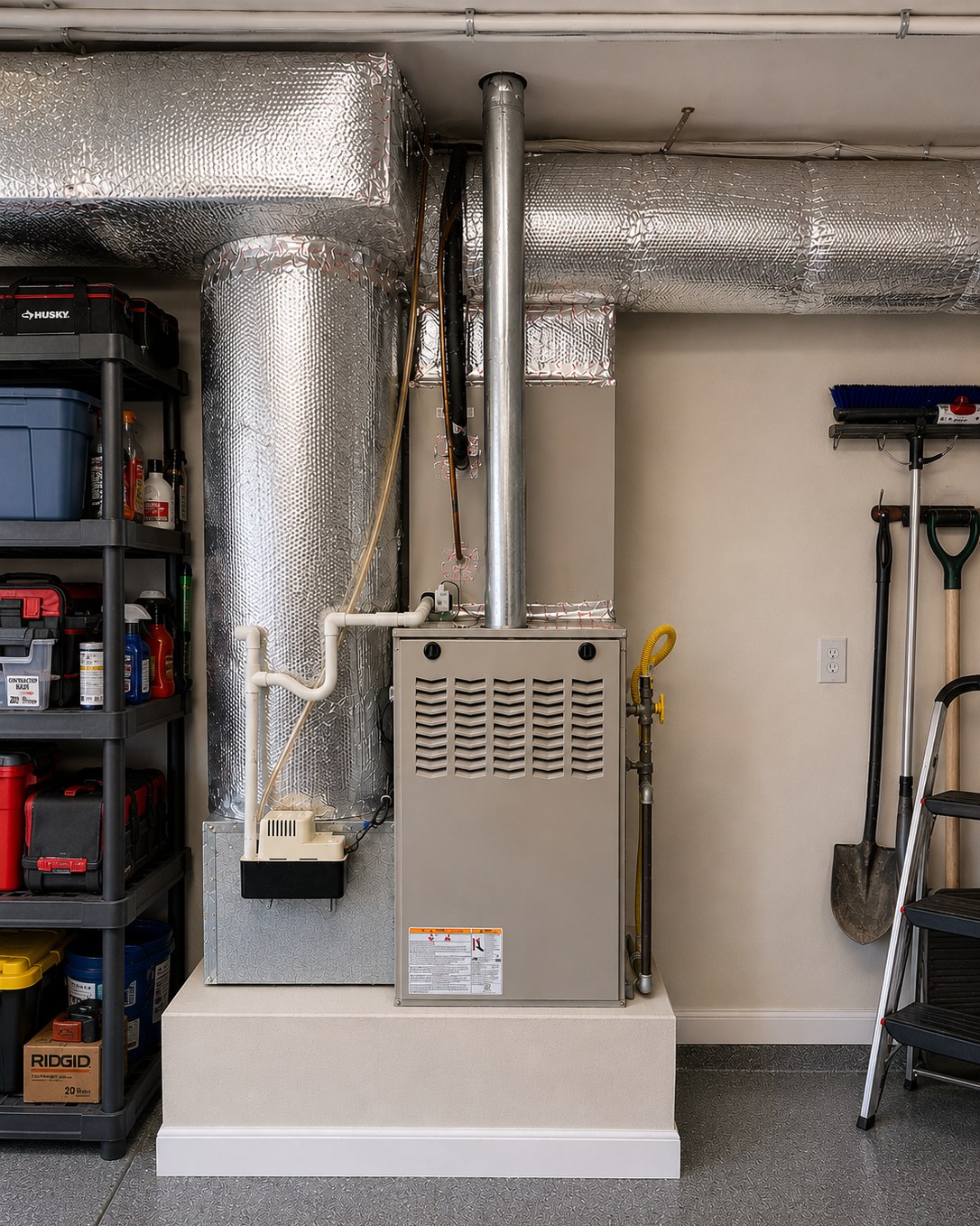 Residential gas furnace installed with sheet metal ductwork and metal flue in a garage.