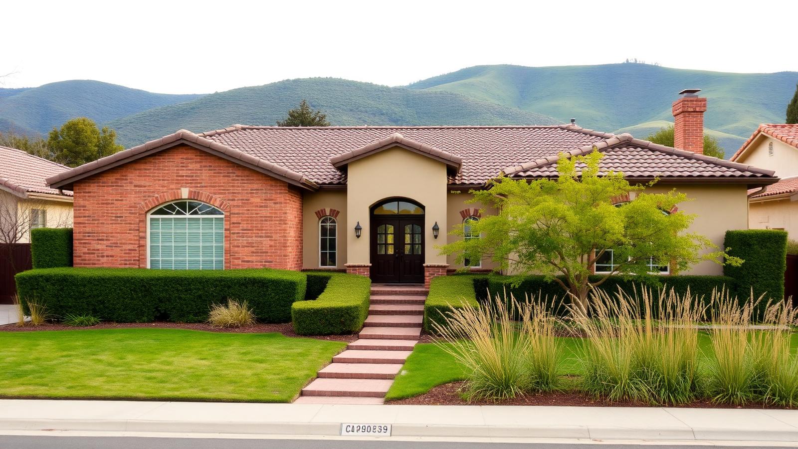 Brick and stucco single-story home with a tile roof and green hills rising behind it