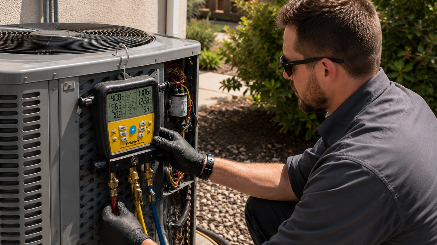 HVAC technician using digital gauges to diagnose an outdoor heat pump system.