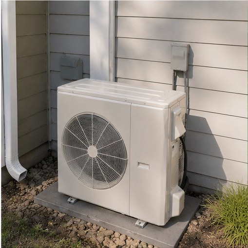 Outdoor heat pump unit installed on a concrete pad beside a single-family home.
