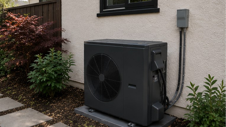 Side-discharge residential heat pump installed on an equipment pad beside a home.