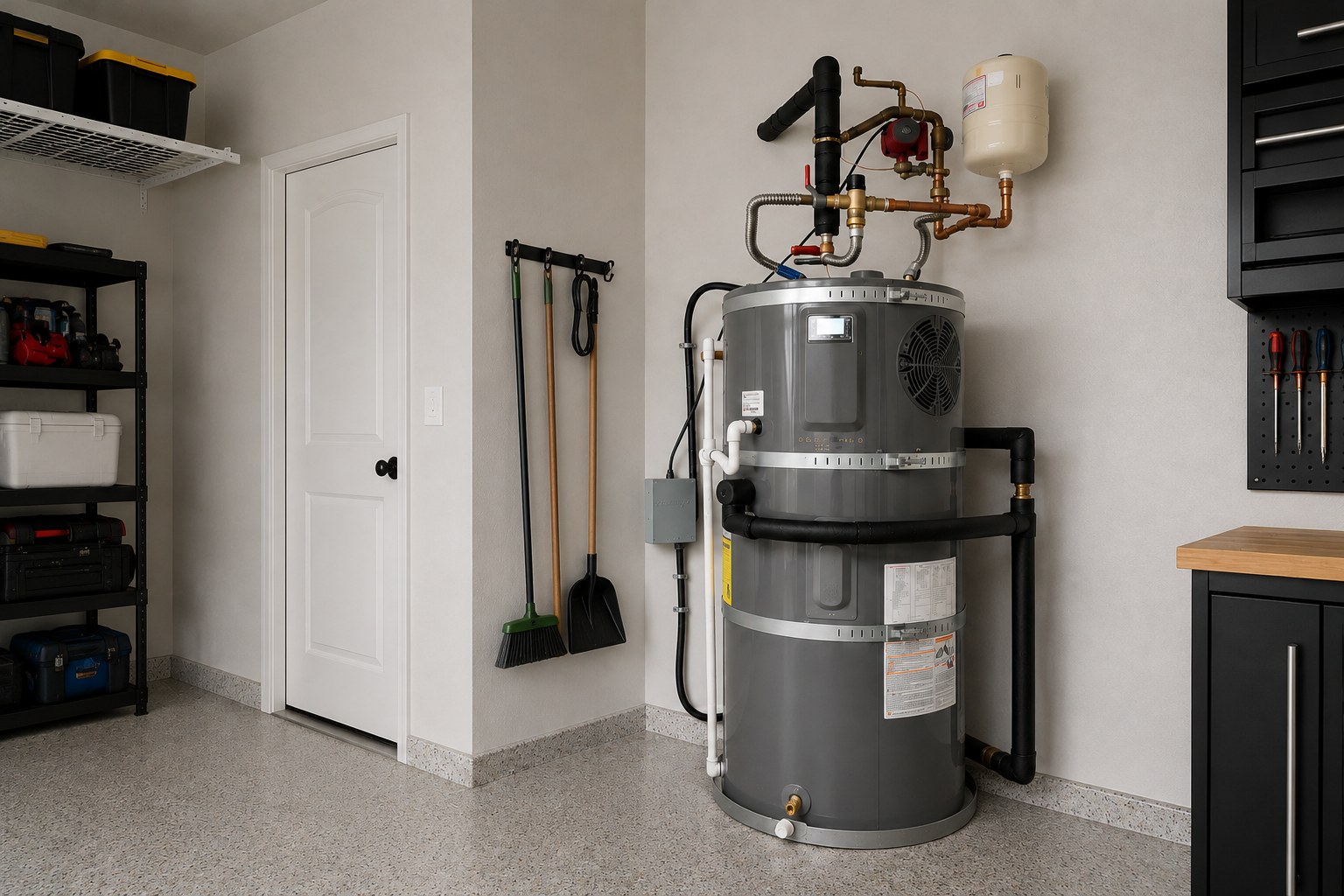 Integrated heat pump water heater with the heat pump unit mounted on top of the storage tank in a residential garage.
