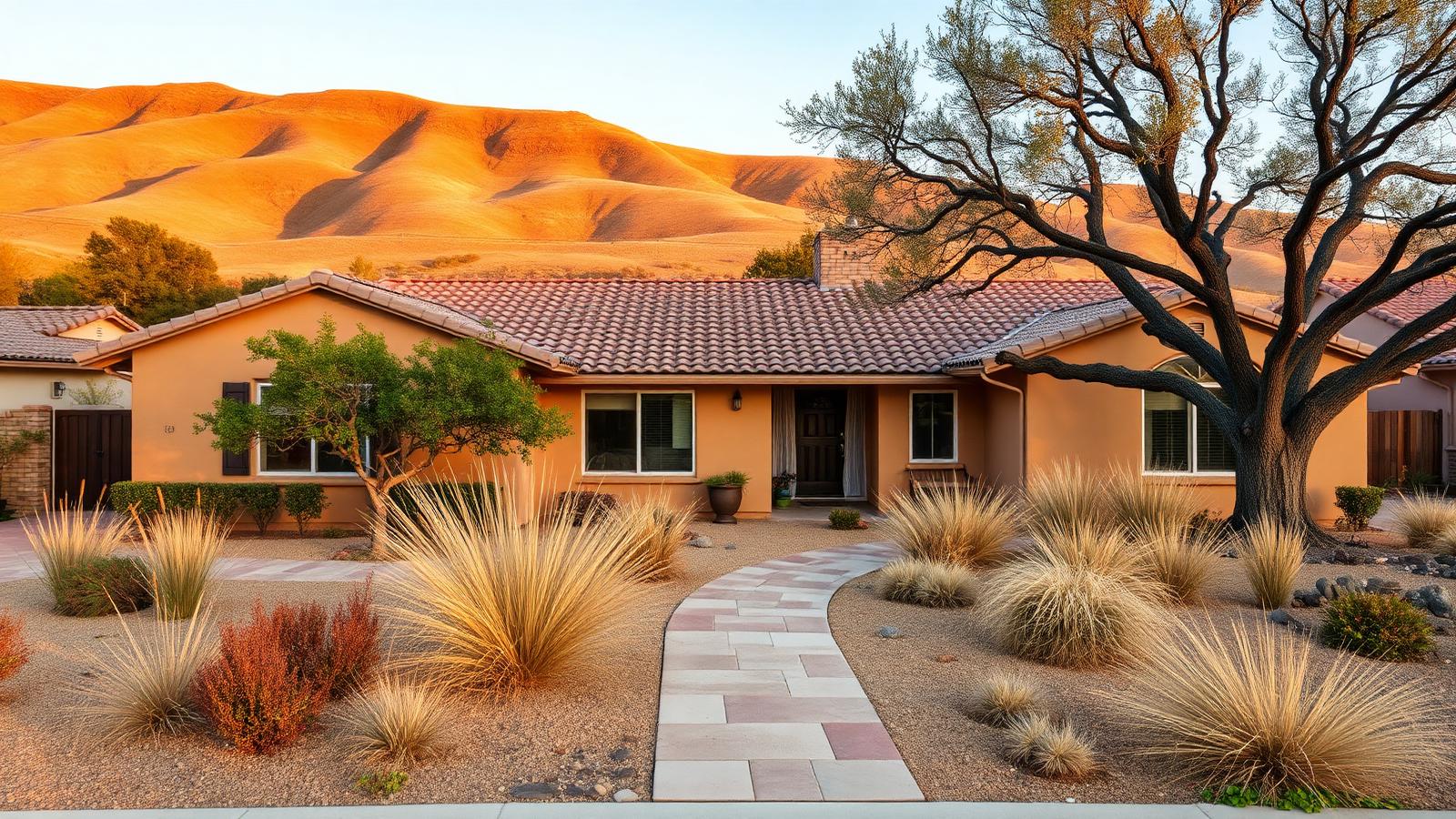 Stucco home with drought-tolerant grasses and a spreading oak below golden hills at sunset