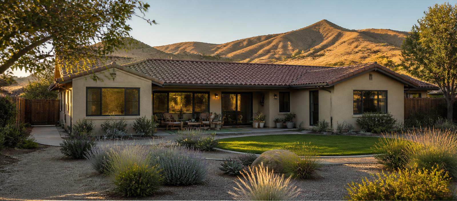 California home with a rear addition and warm afternoon landscaping