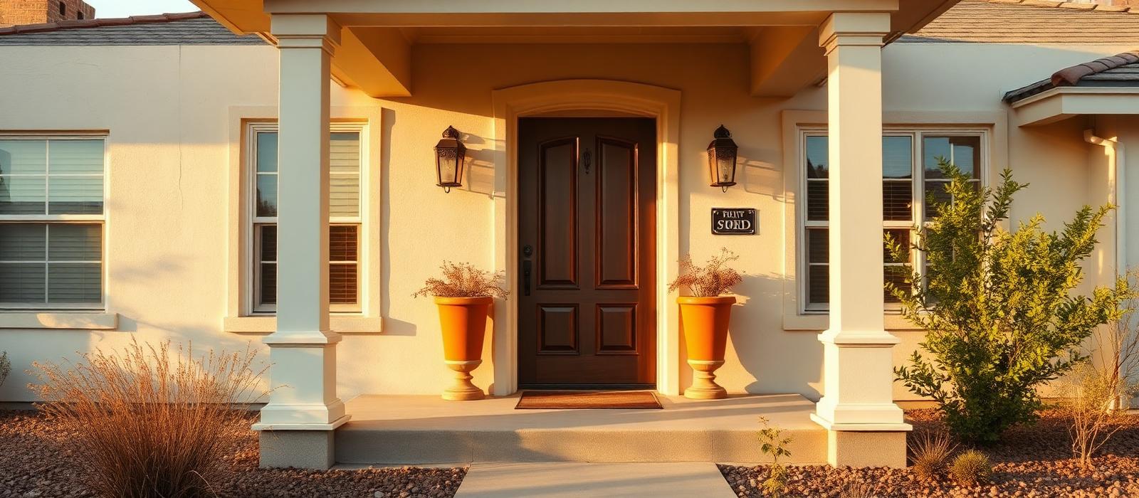 Columned front porch of a stucco home with terracotta planters in golden evening light