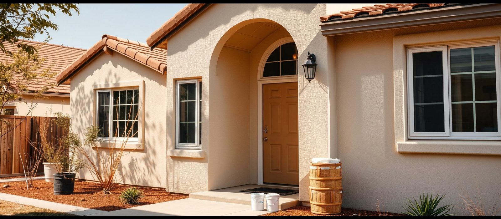 California home exterior with work underway in the yard