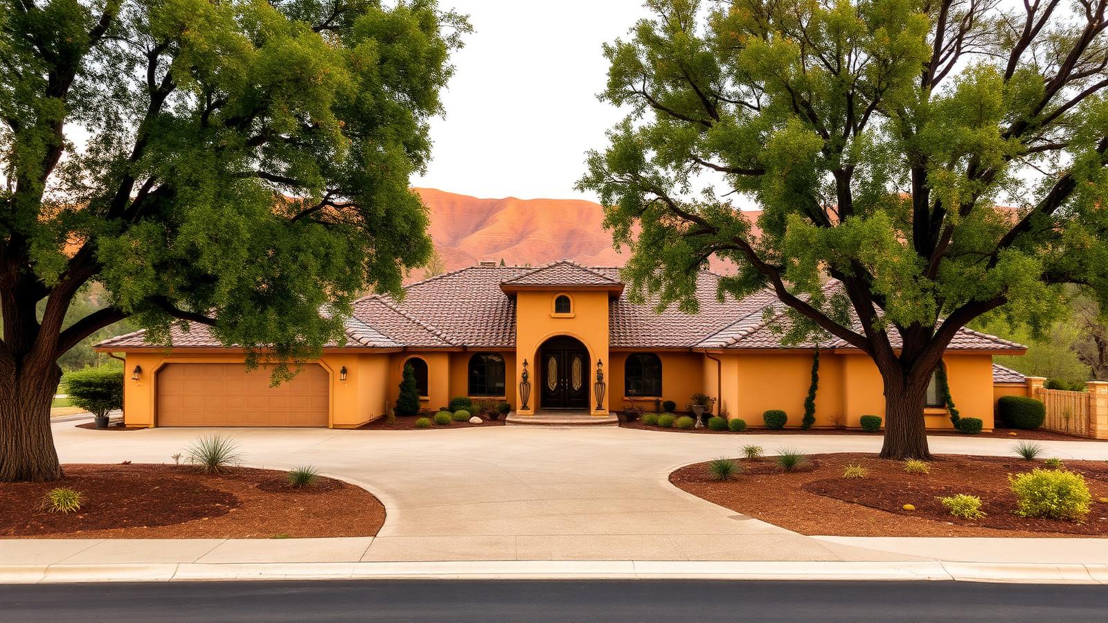 Landscaped Morgan Hill home with mature oaks and rolling foothills behind it