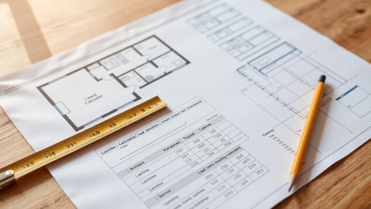 Home floor plan and load calculation worksheet on a work table