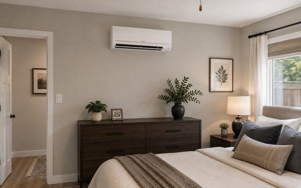 Wall-mounted ductless mini-split indoor unit above a dresser in a bedroom