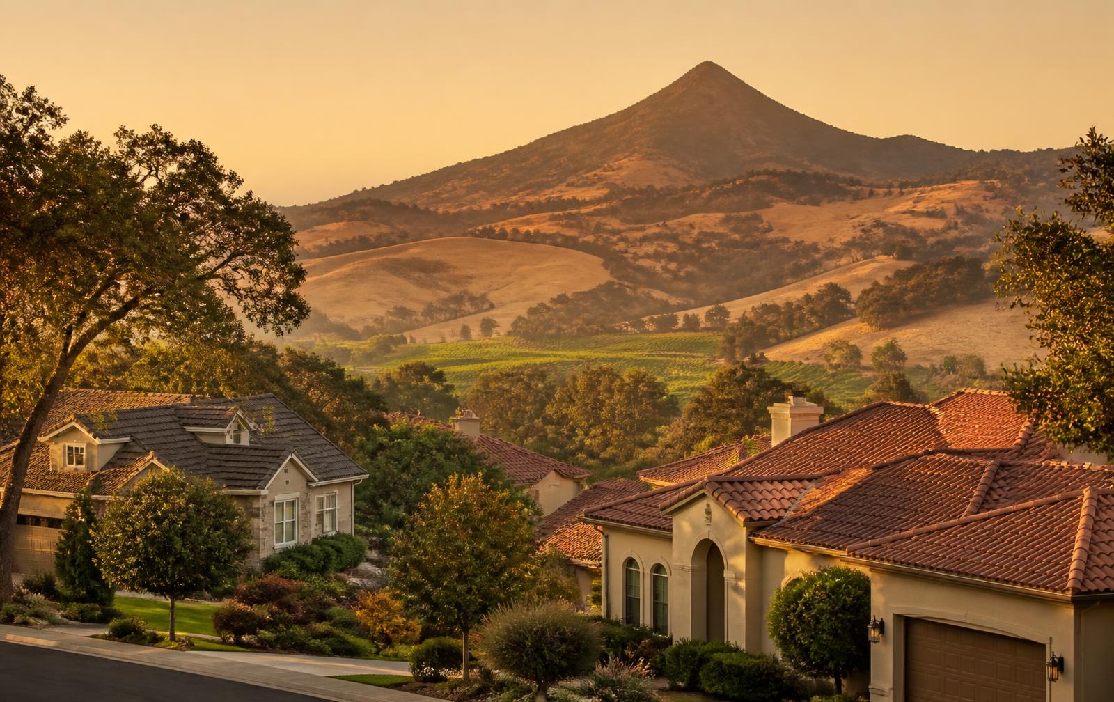 Morgan Hill homes at golden hour with El Toro and the South Valley hills behind them