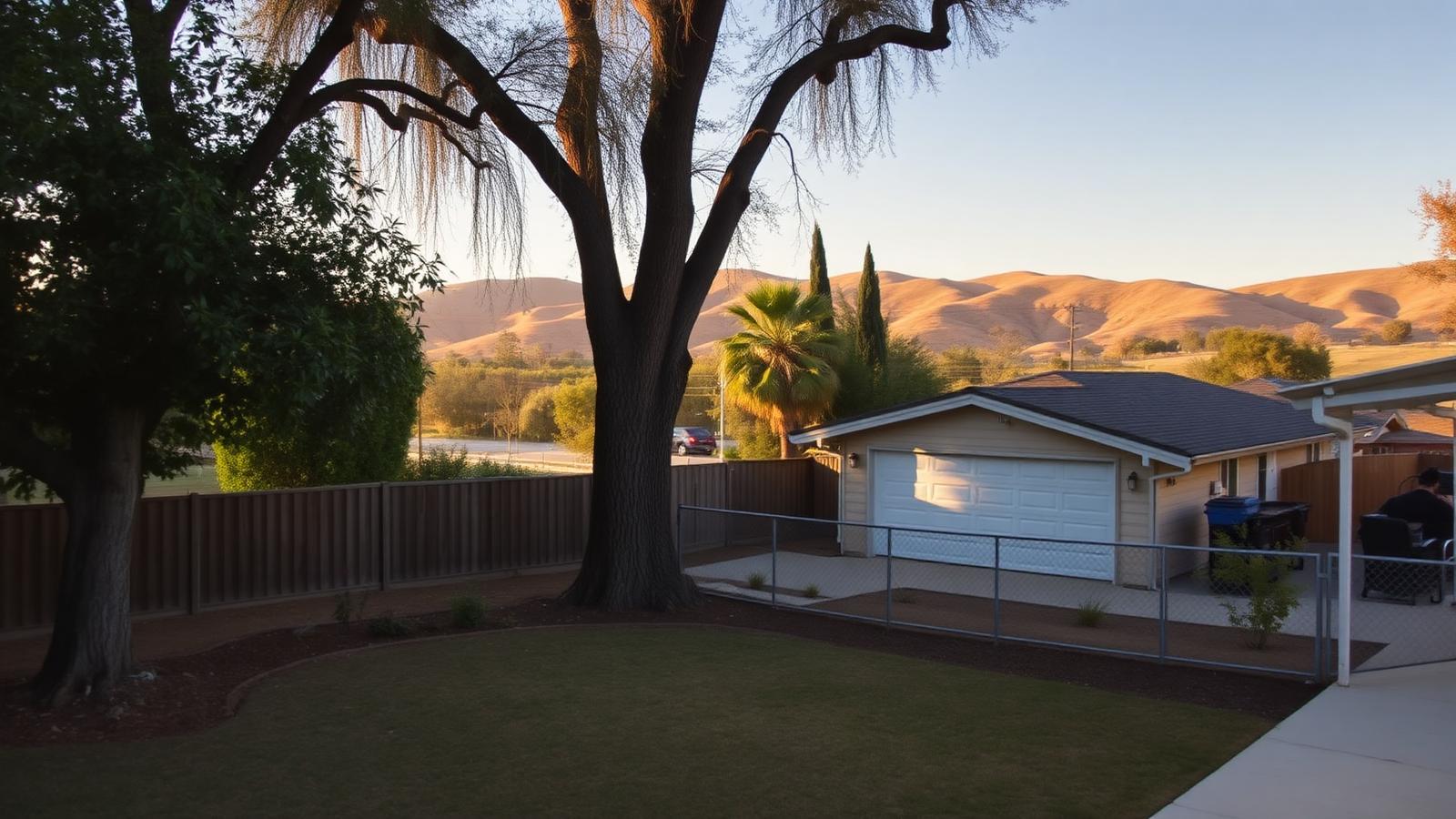 Morgan Hill residential property with a detached garage and foothills beyond