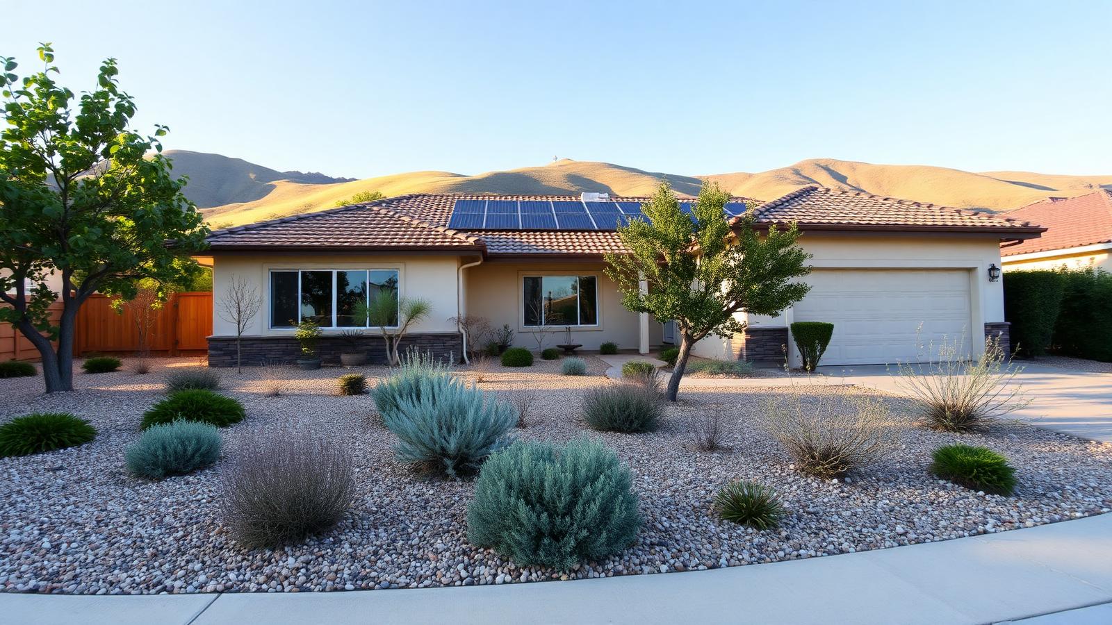Morgan Hill home with drought-tolerant landscaping and golden hills behind