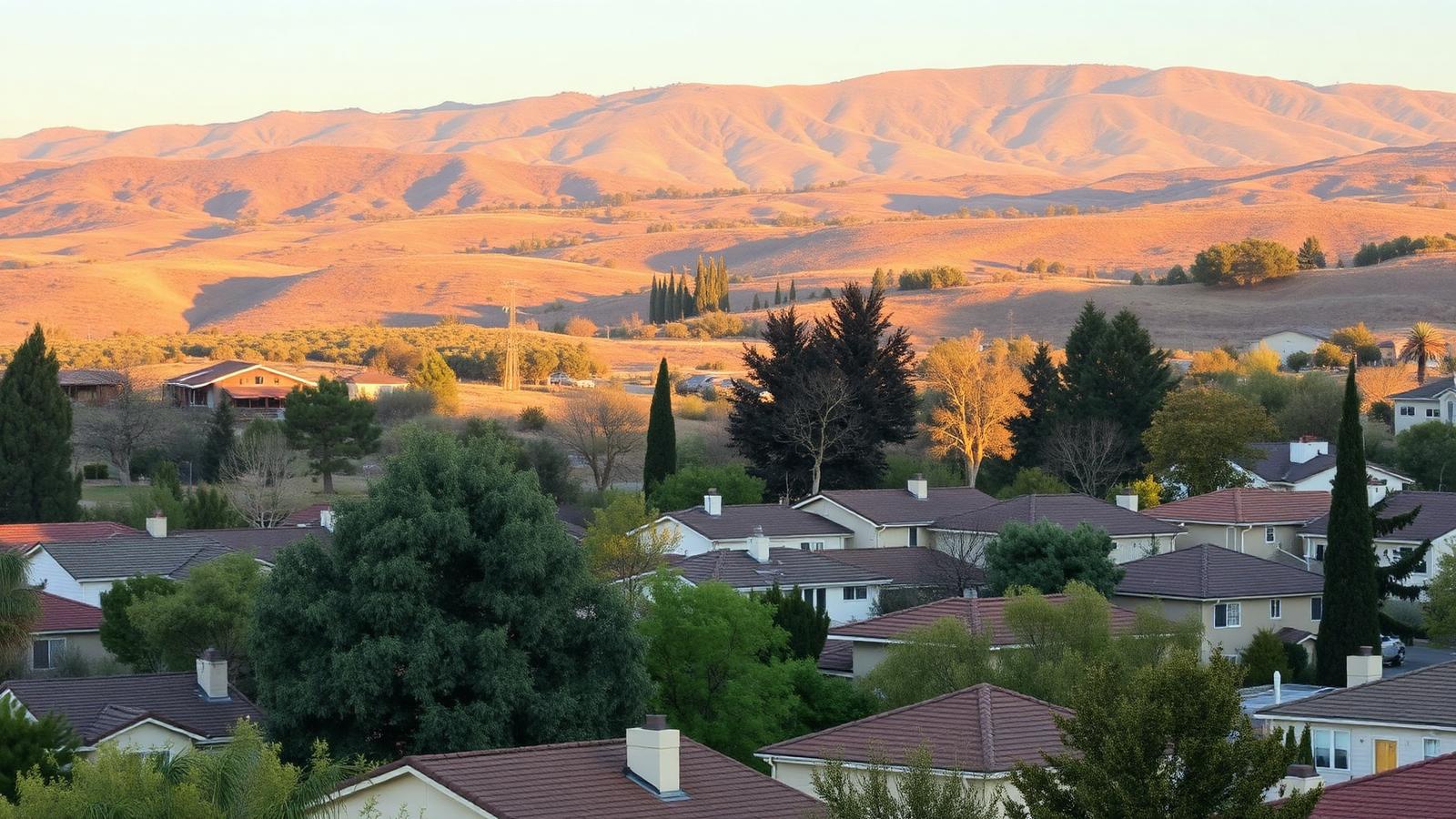 Morgan Hill rooftops and trees below the golden South Valley foothills